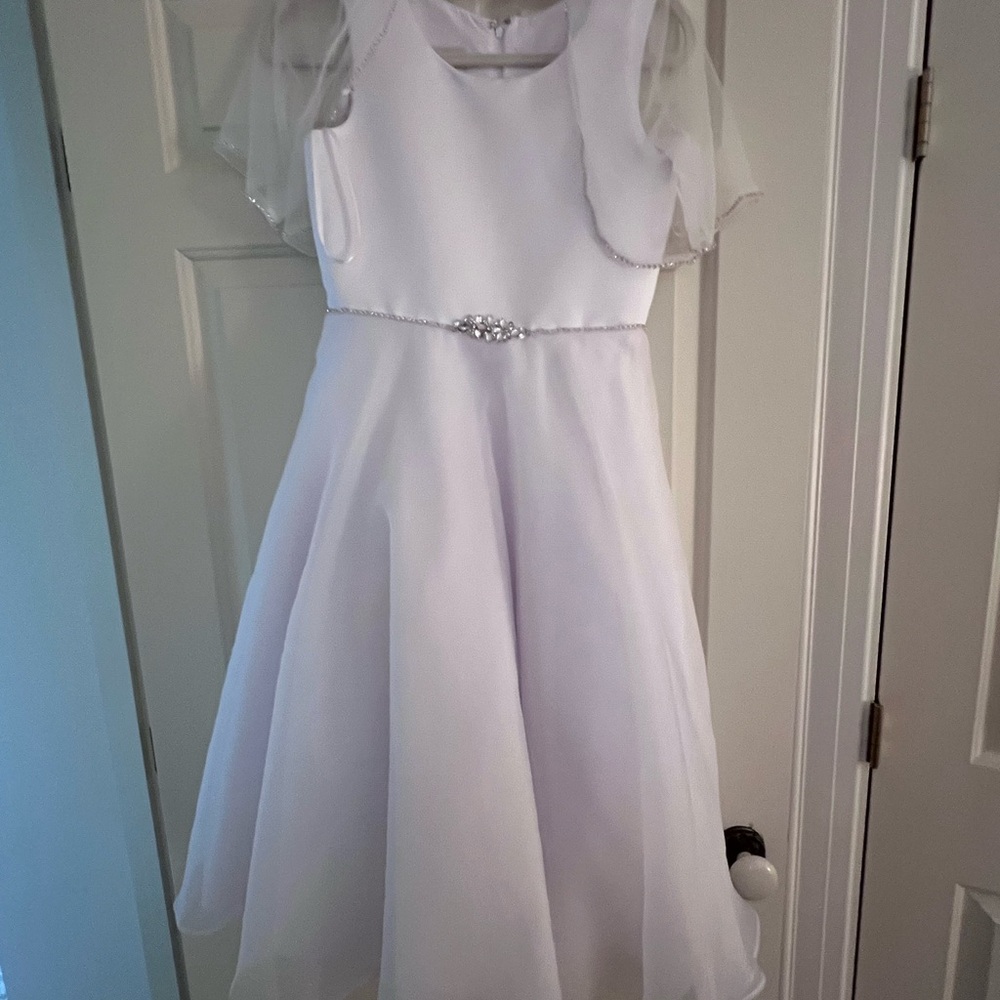 Elegant white satin crystal-lined Dress with removable Sheer Sleeves
